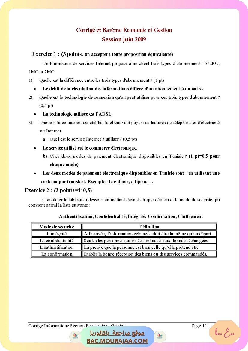 Corrigé principale info Bac 2009 – Section eco